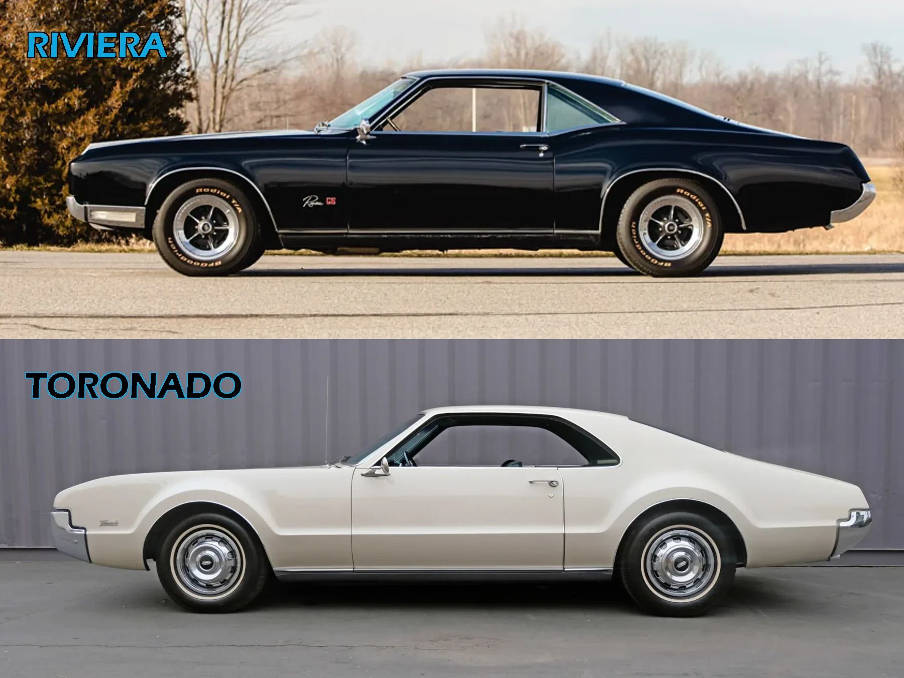 1966 Buick Riviera Versus 1966 Oldsmobile Toronado – Closely Related, Yet So Different (Part 2) 1 Composite photo showing left side views of a Regal Black 1966 Buick Riviera GS with RWL tires and chromed road wheels and an Almond Beige 1966 Oldsmobile Toronado Deluxe