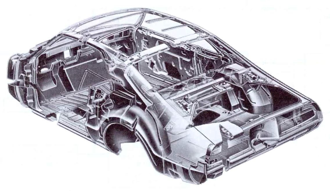 1966 Buick Riviera Versus 1966 Oldsmobile Toronado – Closely Related, Yet So Different (Part 1) 5 B&W cutaway of the Oldsmobile Toronado body shell, seen from the left rear 3q