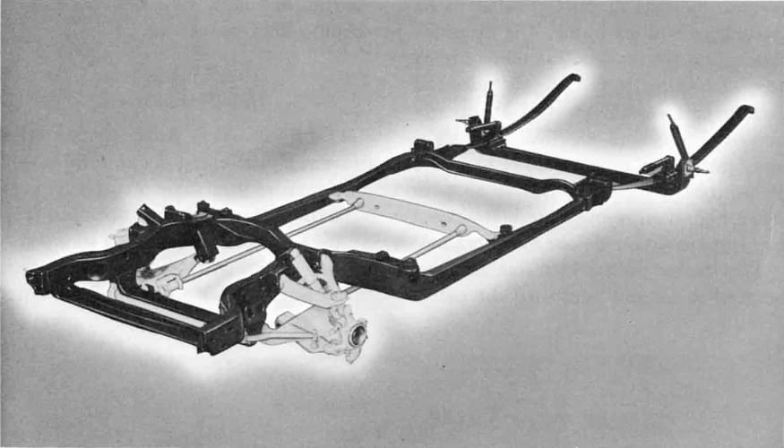 1966 Buick Riviera Versus 1966 Oldsmobile Toronado – Closely Related, Yet So Different (Part 1) 21 Engineering illustration of the frame and suspension of the 1966 Oldsmobile Toronado, highlighted in white against a gray background
