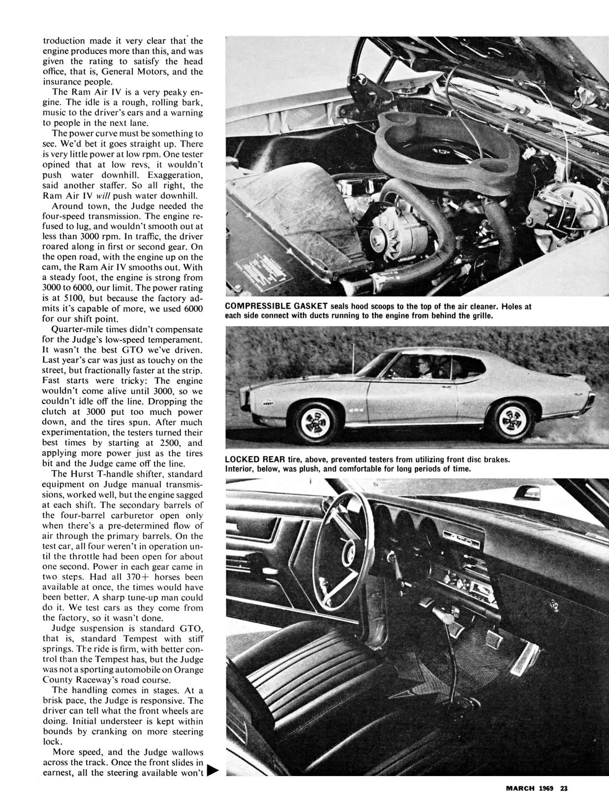 Car Life, March 1969, page 23, third page of 1969 Pontiac GTO Judge road test, with a photo of the Ram Air IV engine, a side view of the car during braking tests, and the dashboard next to the text