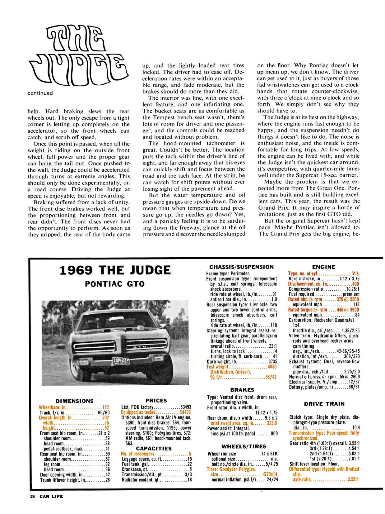 Car Life, March 1969, page 24, fourth page of 1969 Pontiac GTO Judge road test, repeating "The Judge" logo above the main text and the first half of the data panel (with an inset front view of the car during handling tests) below the main text