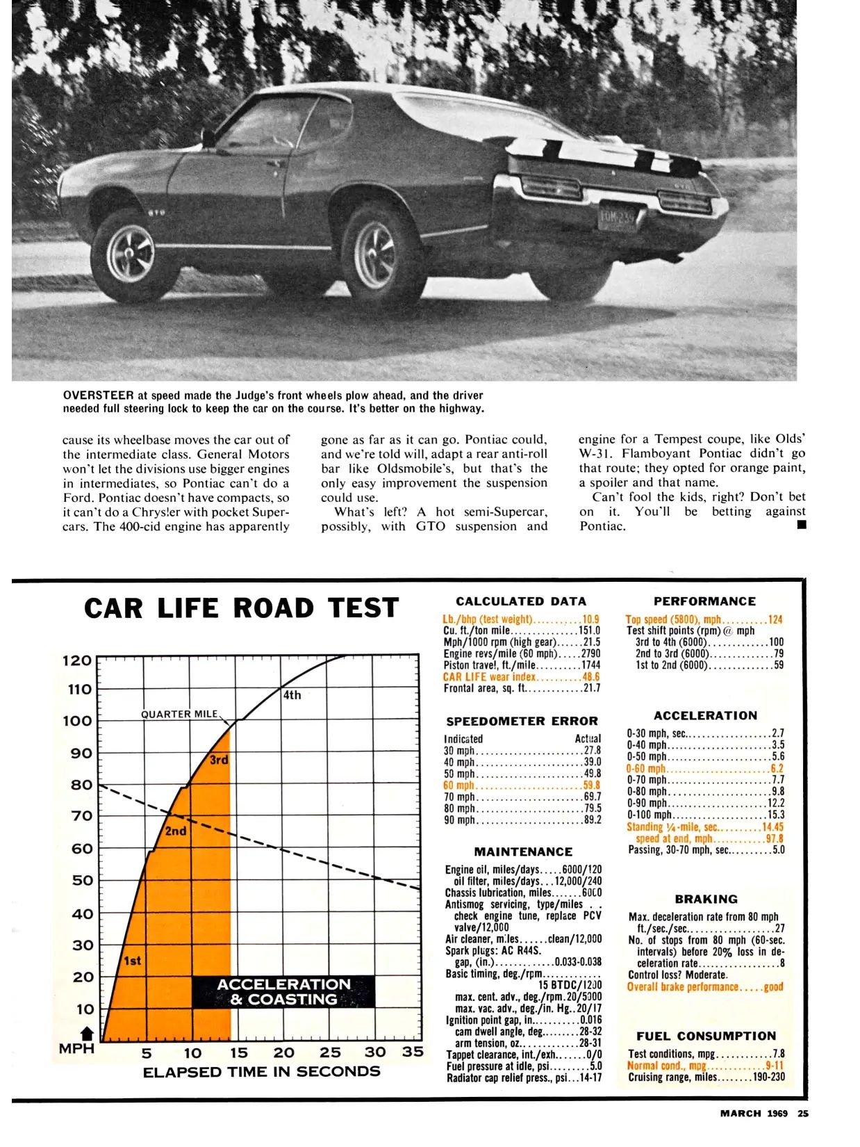 Car Life, March 1969, page 25, final page of 1969 Pontiac GTO Judge road test, with a left rear 3q photo of the car during cornering tests above the text and the second half of the data panel below