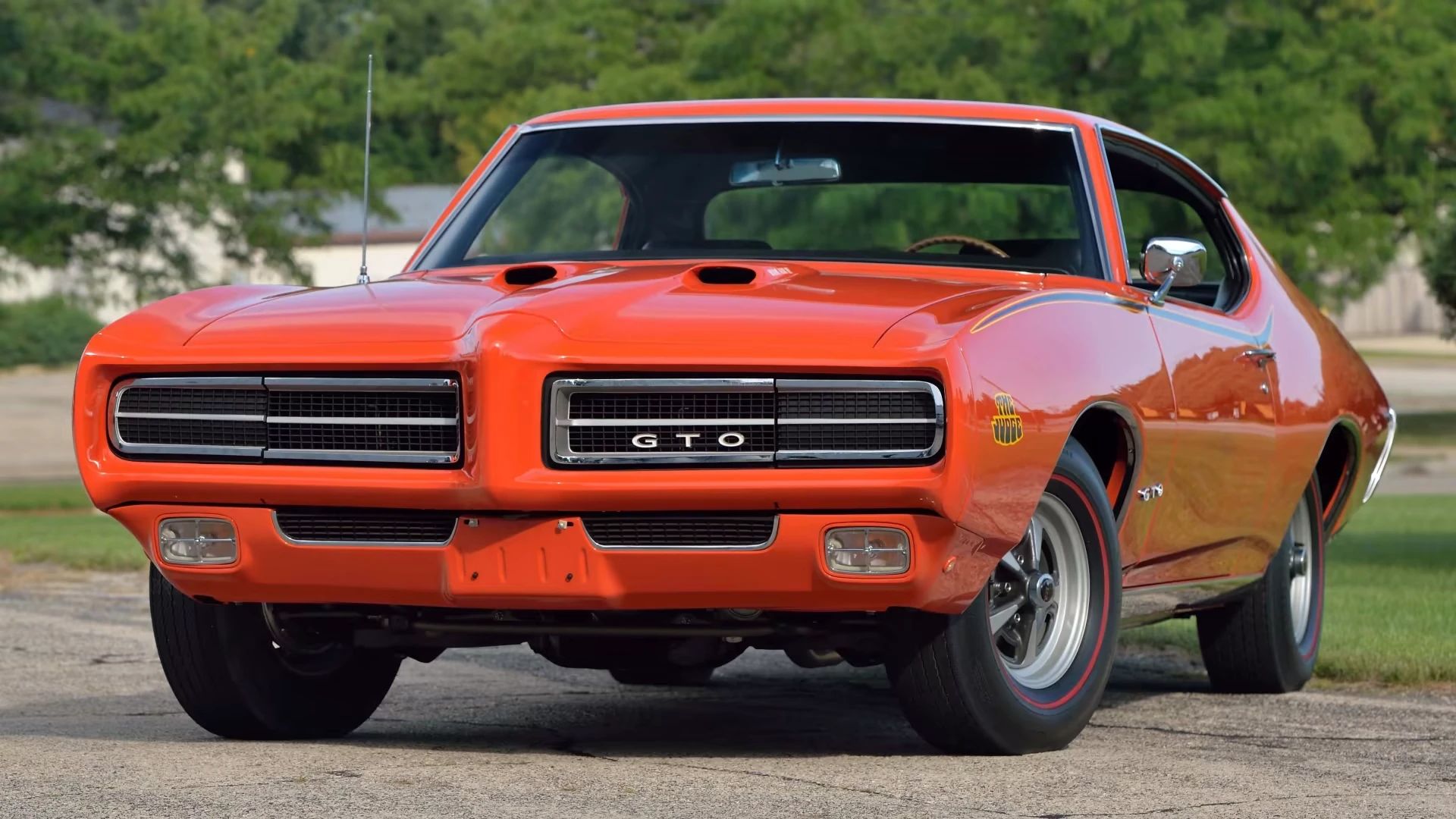 Front 3q view of a Carousel Red 1969 Pontiac GTO Judge hardtop