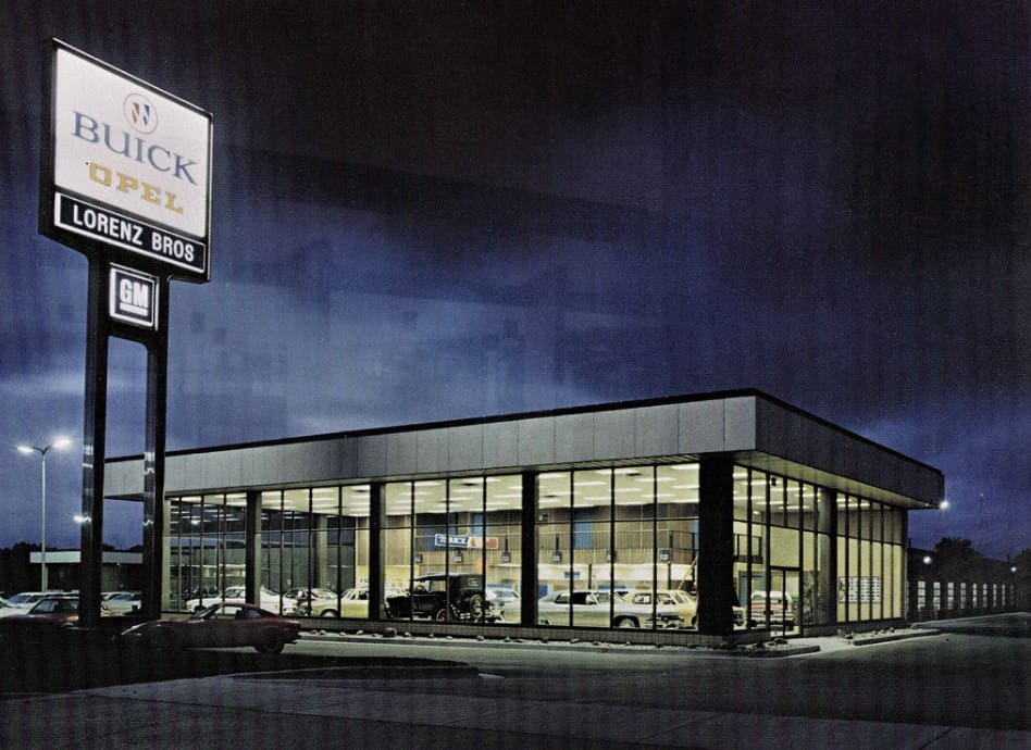 Vintage Postcards: Buick Dealers In The ’50s, ’60s & ’70s Lorenz Bros. Buick Opel, Lansing, MI.