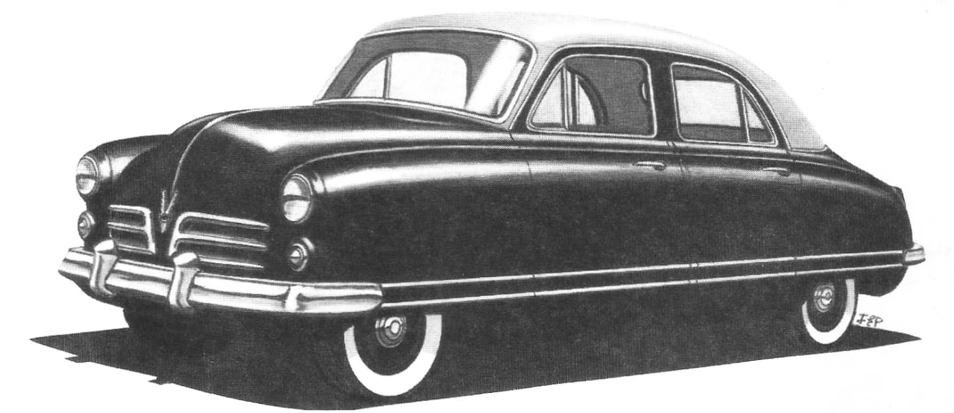 B&W illustration of the Chevrolet Cadet, in a dark color with a light roof, signed FEP