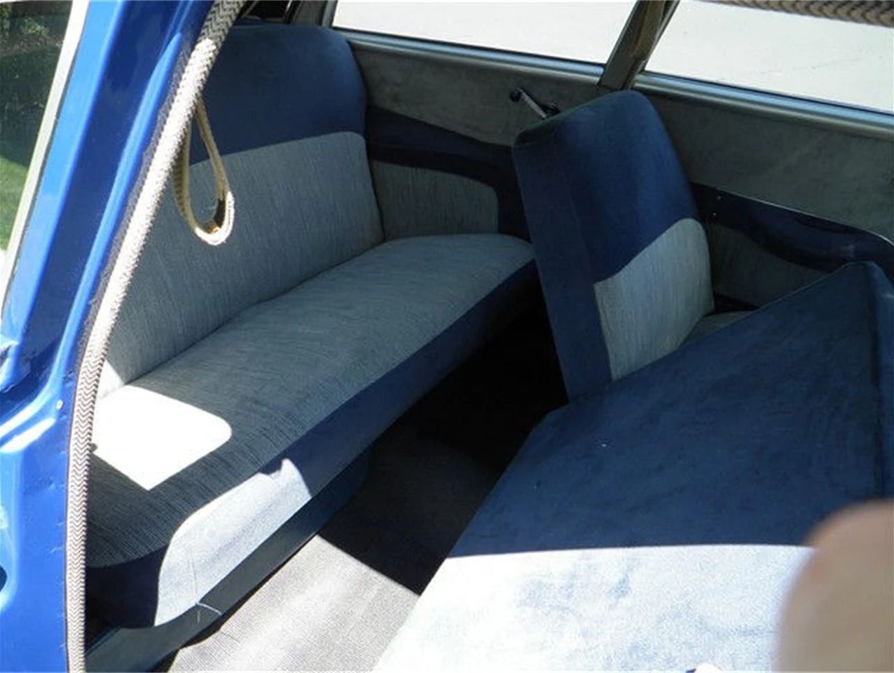 1950 Nash Rambler Convertible Landau: Adorable, Thrifty, But Not Cheap 28 Back seat of a blue 1950 Nash Rambler Custom with blue-and-gray upholstery, viewed through the passenger door