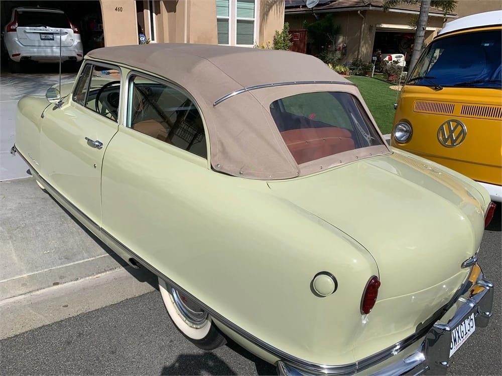 1950 Nash Rambler Convertible Landau: Adorable, Thrifty, But Not Cheap 8 Rear 3q view of an ivory 1950 Nash Rambler convertible with the beige top raised