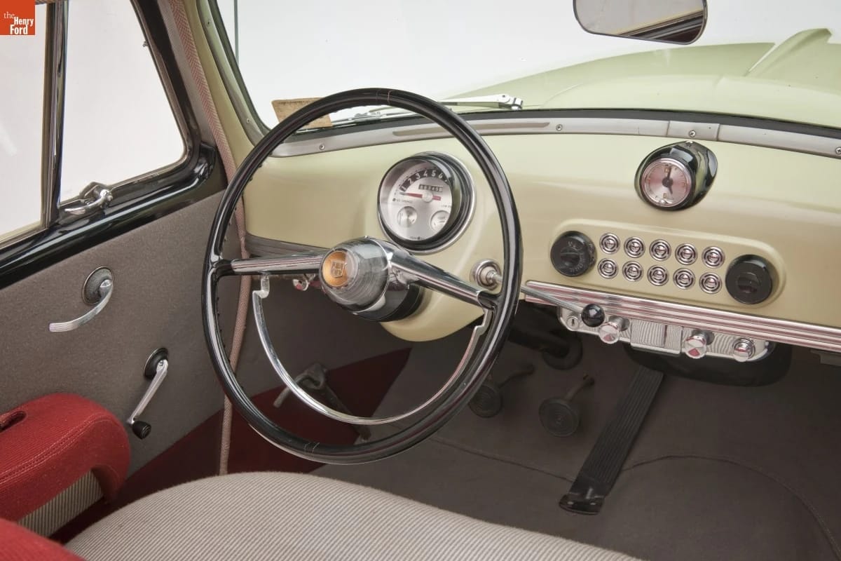 1950 Nash Rambler Convertible Landau: Adorable, Thrifty, But Not Cheap 15 Dashboard of a different ivory 1950 Nash Rambler convertible with red-and-gray upholstery, and a small The Henry Ford logo in the upper left corner