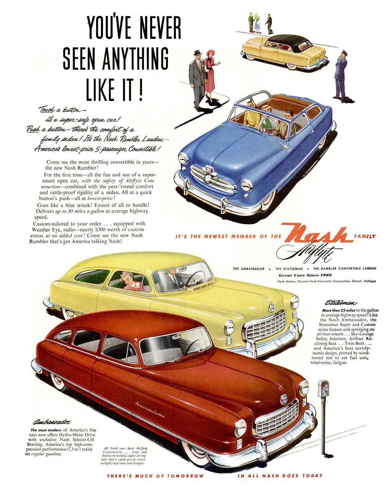 1950 Nash Rambler Convertible Landau: Adorable, Thrifty, But Not Cheap 3 Magazine ad for the 1950 Nash Airflyte lineup, with an overhead illustration of a blue 1950 Nash Rambler convertible landau above illustrations of the Nash Statesman and Ambassador, with the headline, "You've Never Seen Anything Like It!"