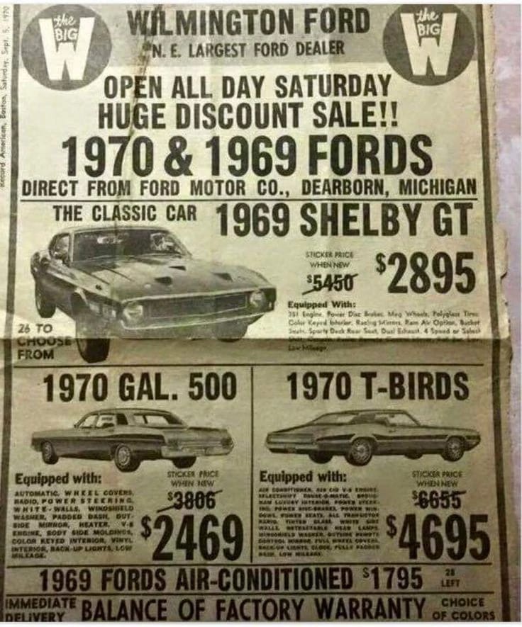 Newspaper ad for Wilmington Ford advertising big discounts on various 1970 and 1969 Fords