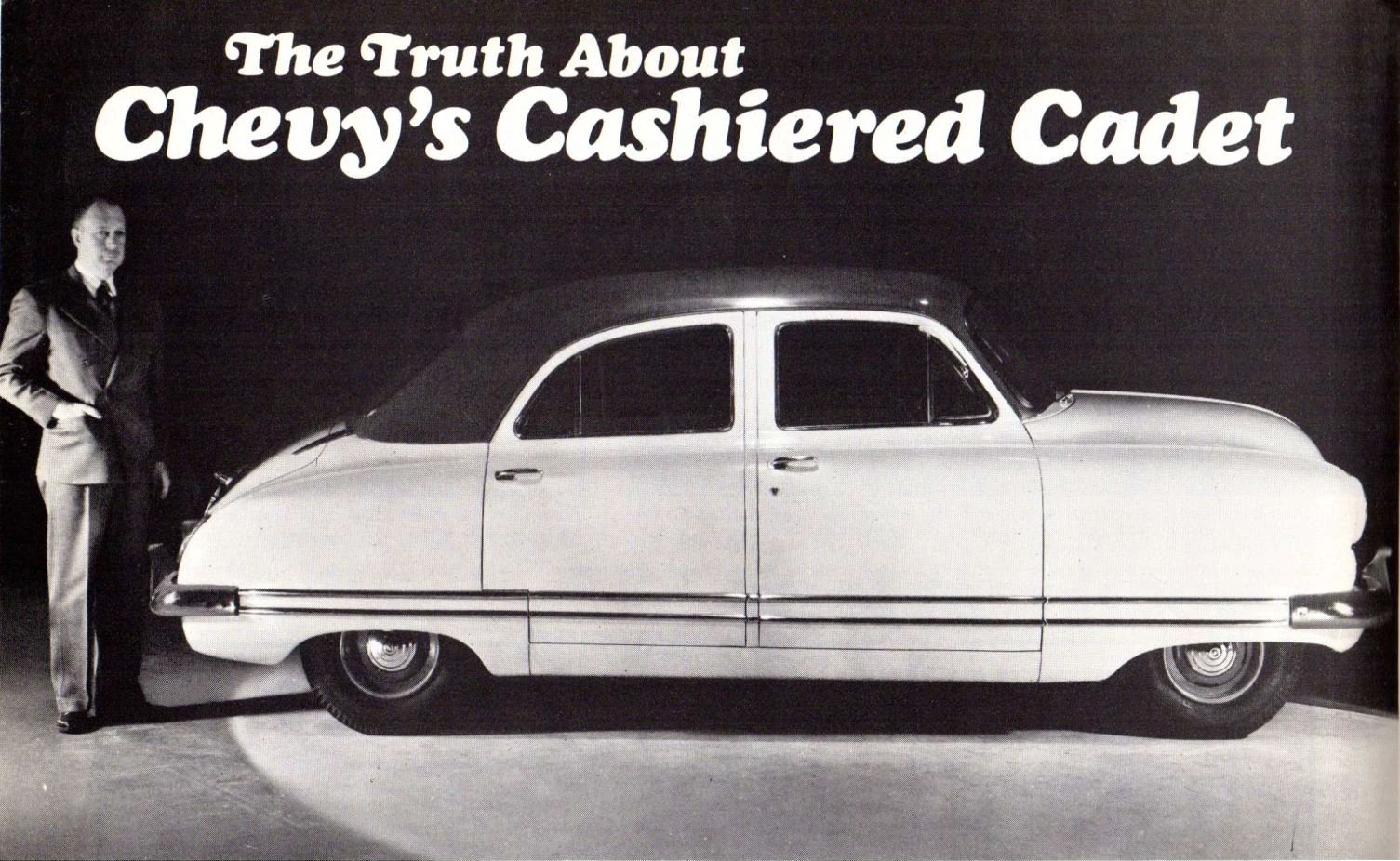 Special Interest Autos No. 20, January/February 1974, top half of page 16, a B&W scanned photo of a white man in a suit standing next to a light-colored compact car with a dark roof below the headline "The Truth About Chevy's Cashiered Cadet"
