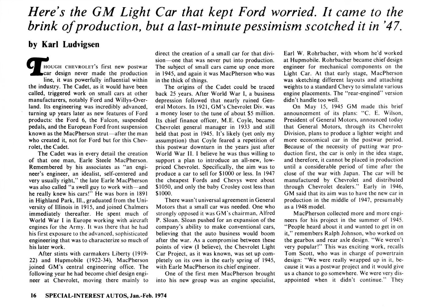 Special Interest Autos No. 20, January/February 1974, bottom half of page 16, with a subtitle above the main text reading, "Here's the GM Light Car that kept Ford worried. It came to the brink of production, but a last-minute pessimism scotched it in '47."