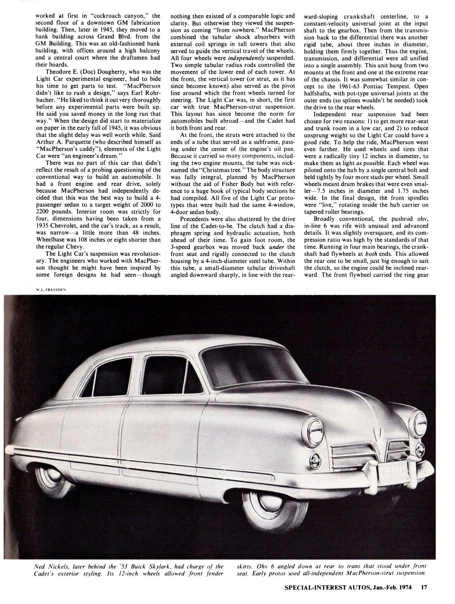 Special Interest Autos No. 20, January/February 1974, page 17, with a large B&W illustration of the Chevrolet Cadet below the main text