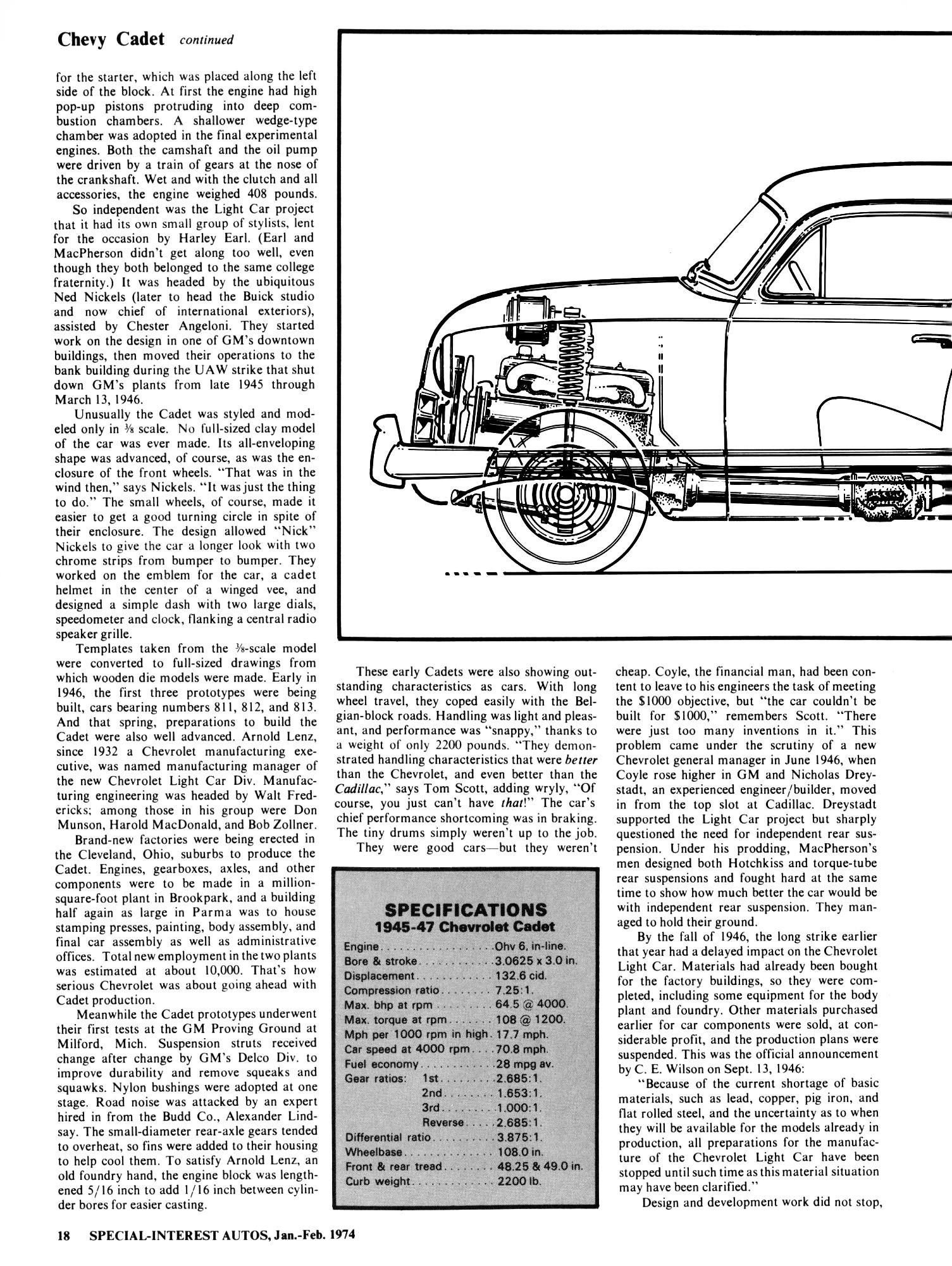  Special Interest Autos No. 20, January/February 1974, page 18, with the left half of a Russell von Sauers Jr. ghost illustration of the Cadet in the upper right, above the main text, and an inset text box with specifications
