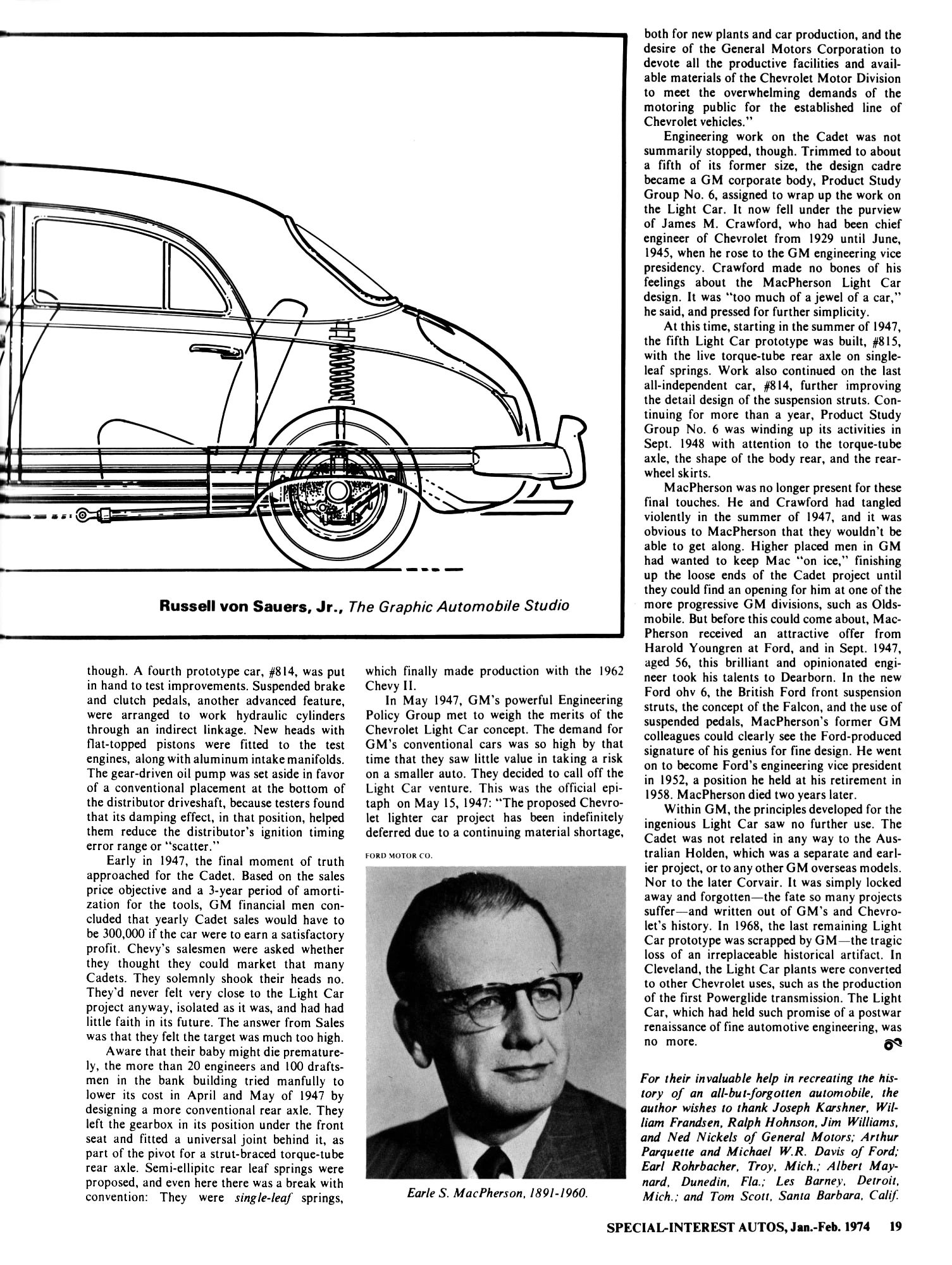 Special Interest Autos No. 20, January/February 1974, page 19, with the right half of the Russell von Sauers Jr. ghost illustration of the Cadet in the upper left, above the main text, and an inset photo of Earle S. MacPherson, 1891–1960