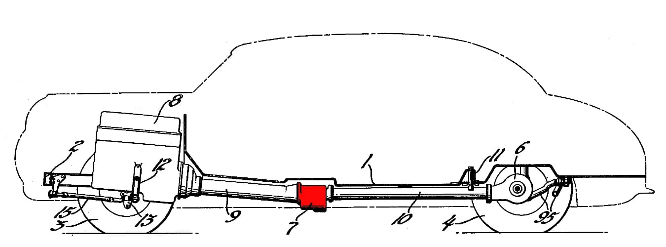Side view illustration of Chevrolet Cadet suspension with gearbox highlighted in red