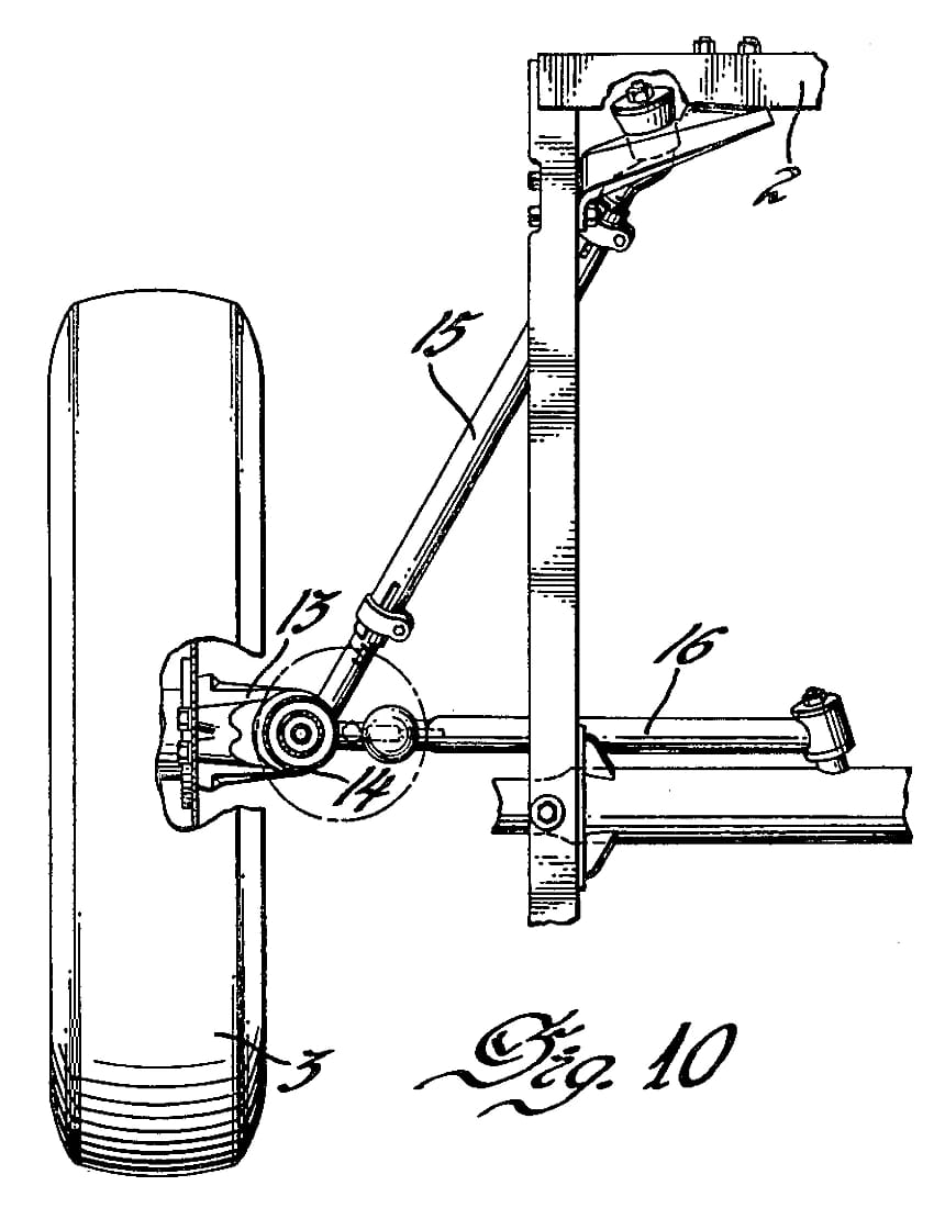 Plan view of Chevrolet Cadet left front wheel suspension, with a strut located by a radius rod and a lateral tie rod, labeled Fig. 10