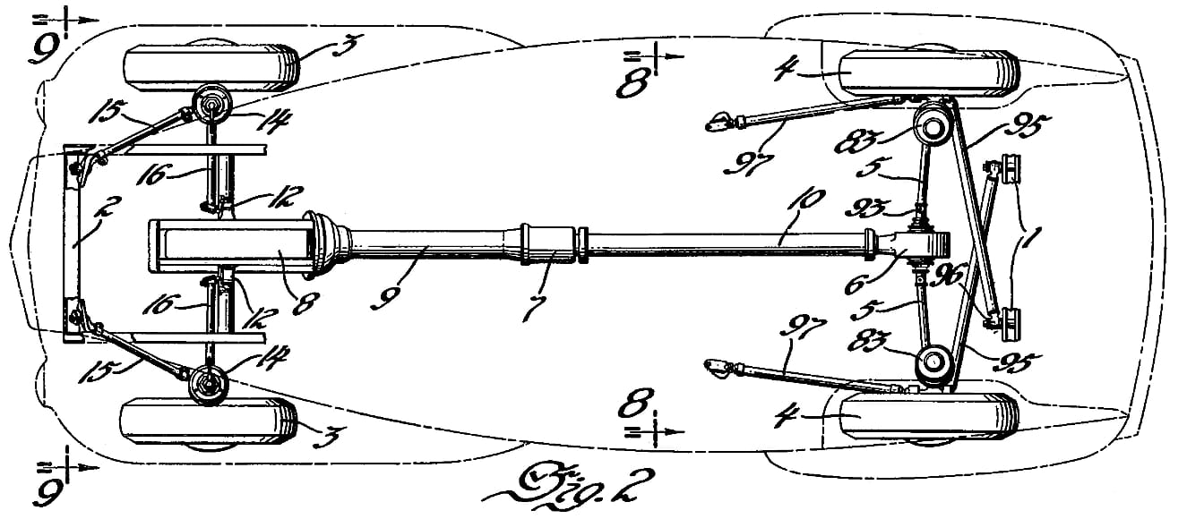 Plan view of Chevrolet Cadet powertrain and suspension, labeled Fig. 2