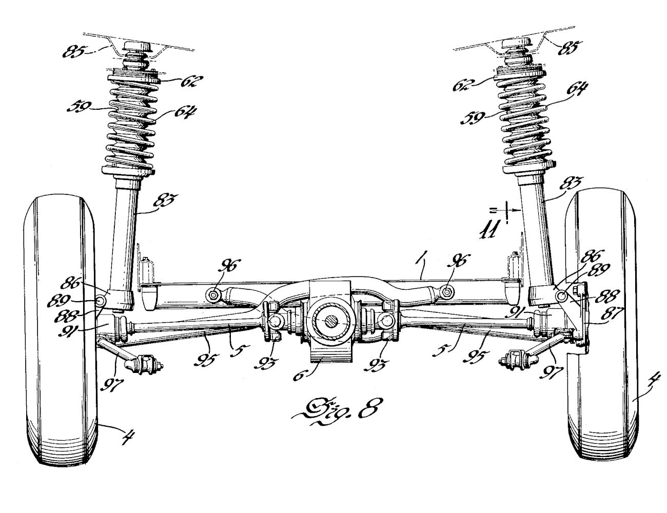 Front view of Chevrolet Cadet rear suspension, with struts and lateral links and fully independent rear, labeled Fig. 8
