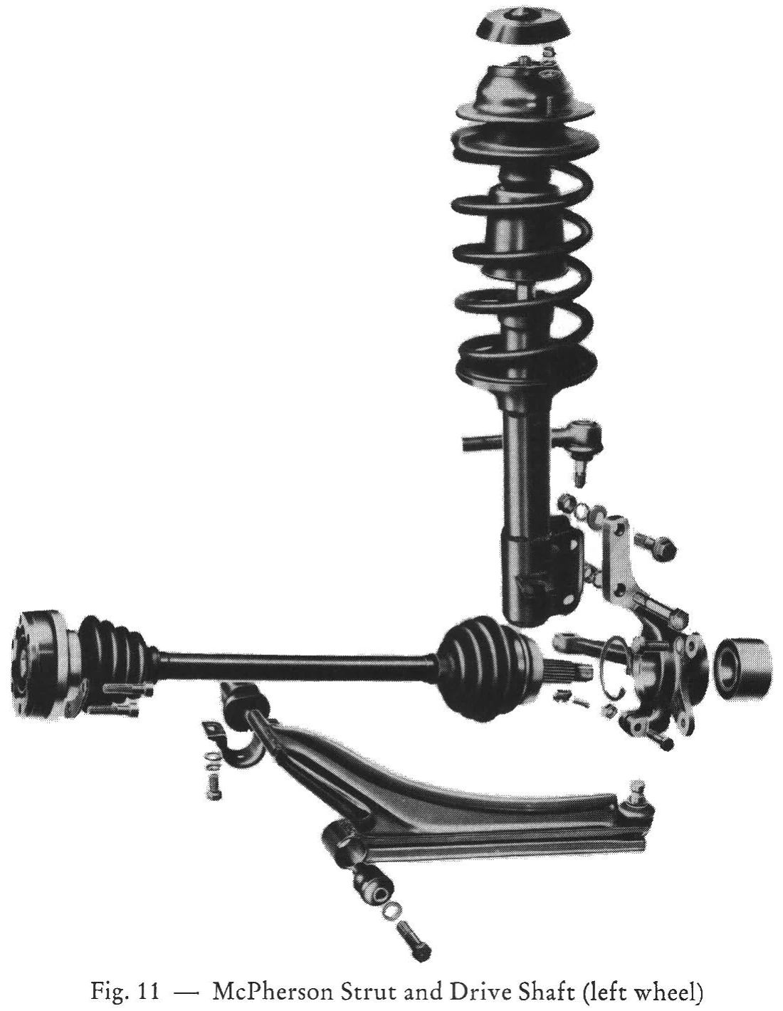 CC Tech: How The Nimble 1975 Volkswagen Golf, Rabbit, And Scirocco Raised The Standards Of FWD Chassis Design 5 B&W exploded view of the MacPherson strut suspension and left front driveshaft of a 1975 Volkswagen Golf