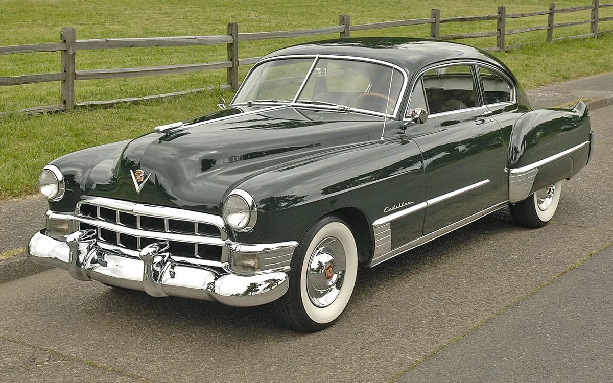 Front 3q view of a Dartmouth Green 1949 Cadillac Series 62 club coupe