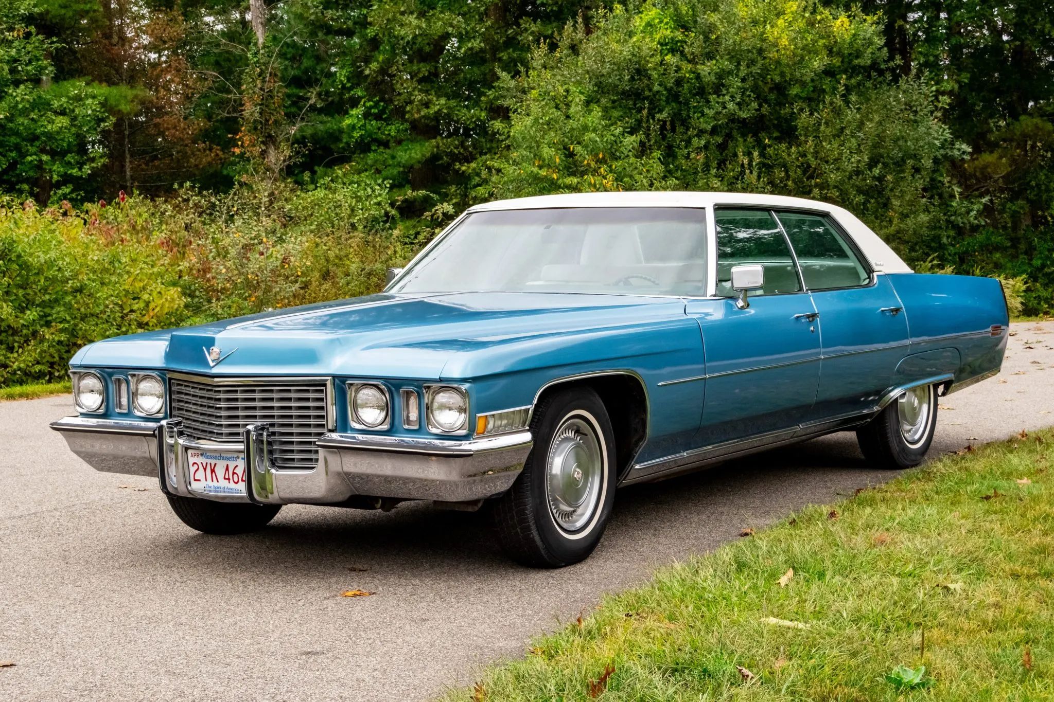 Decade De Ville: Cadillac's Bestselling '70s De Villes 9 Left front 3q view of a blue 1972 Cadillac Sedan de Ville with a white vinyl top