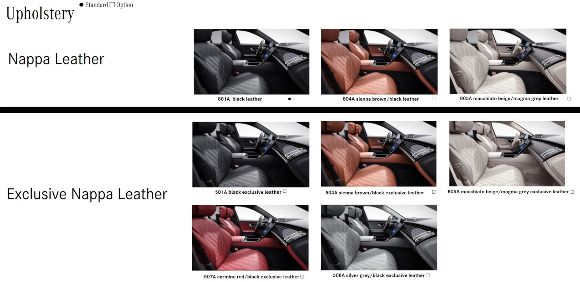Brochure page excerpt showing interior options in Nappa Leather or Exclusive Nappa Leather in black, sienna brown, macchiato beige, carmine red, and silver grey