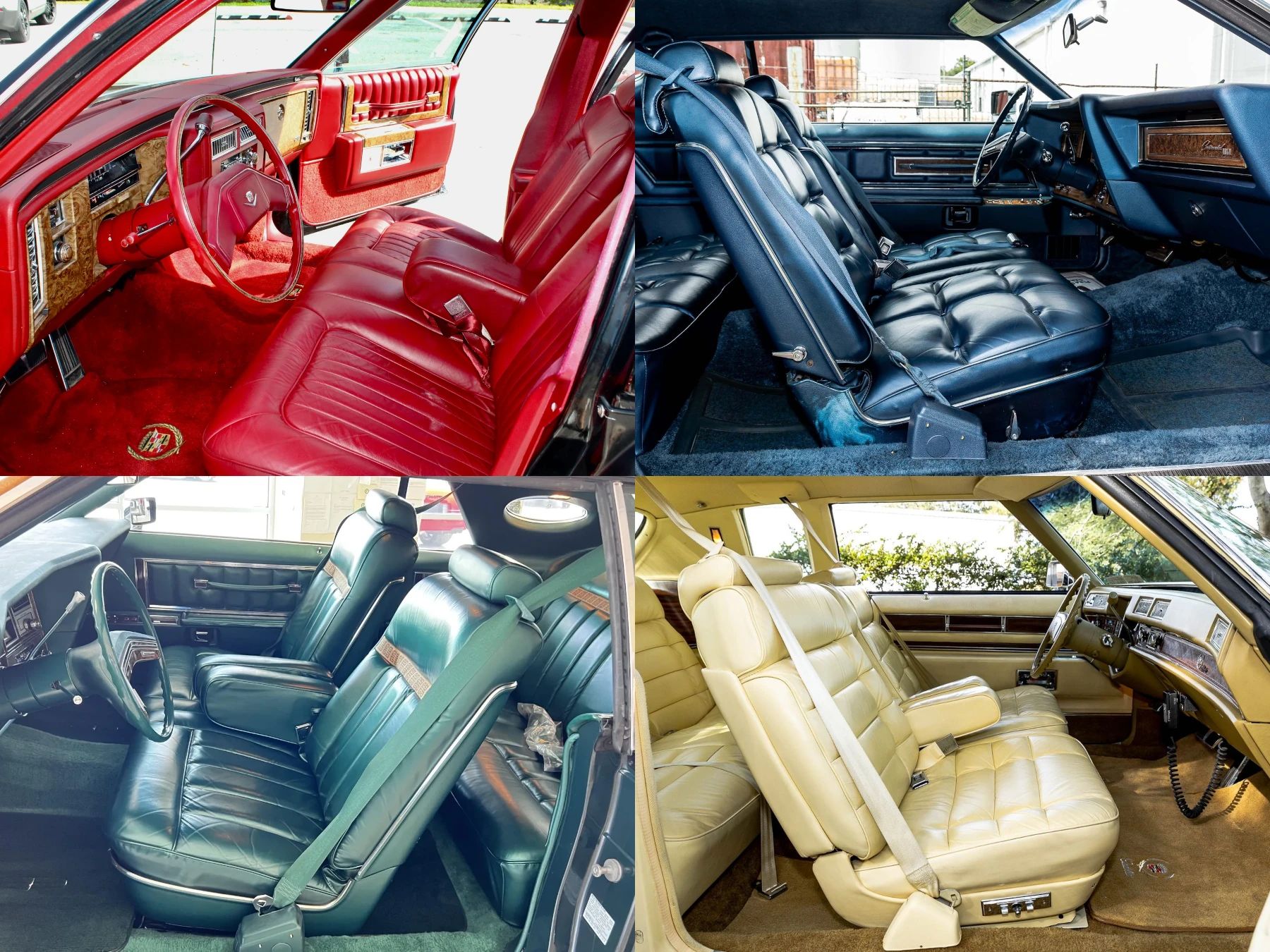 Photo montage showing the interiors of four cars with different-color leather interiors: a 1979 Cadillac Sedan de Ville in red; a 1975 Lincoln Continental Mark V in blue; a 1978 Lincoln Mark V Givenchy Edition in dark green; and a 1978 Cadillac Eldorado in yellow