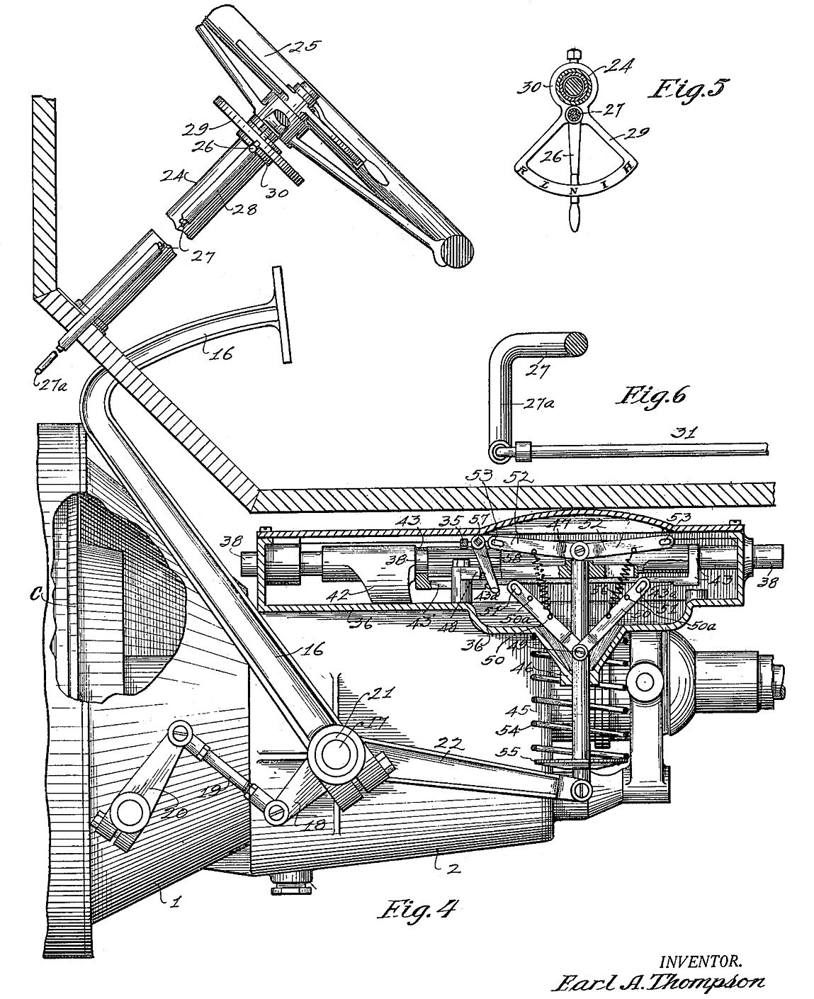 1929 Synchro-Mesh Transmission: How An Engineer From Oregon Took The Clash Out of Shifting Gears 9 Patent illustration showing Figures 4, 5, and 6 of Thompson's transmission, showing an external view, a diagram of the shift quadrant, and the shift lever