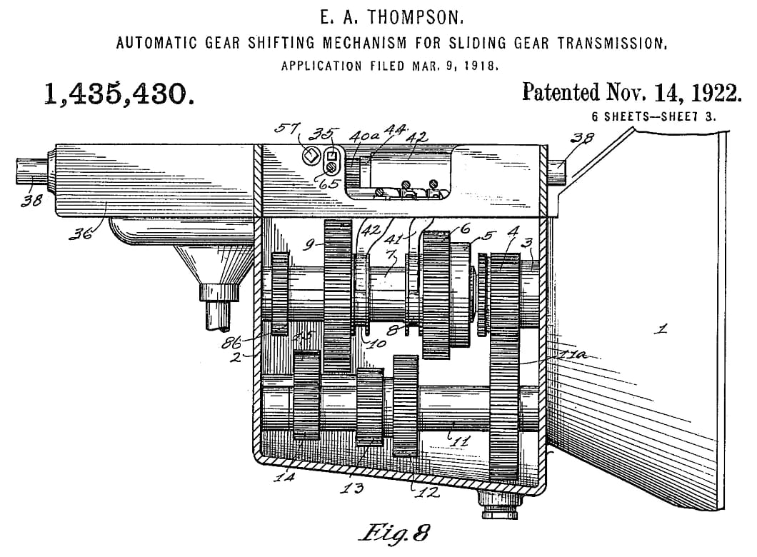 1929 Synchro-Mesh Transmission: How An Engineer From Oregon Took The Clash Out of Shifting Gears 8 Cross-sectional illustration of Thompson's preselector transmission, from U.S. Patent 1,435,430, "Automatic Gear Shifting Mechanism," Fig. 8