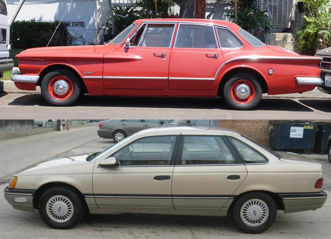 Composite photo of the left sides of a red 1960 Valiant V200 sedan and a beige 1987 Ford Taurus LX sedan