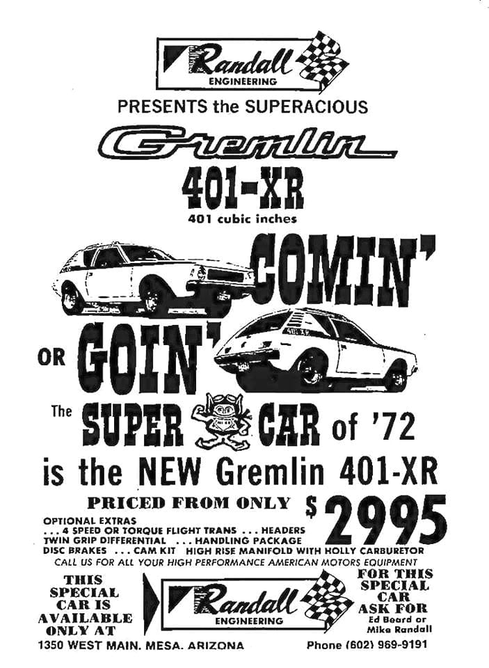 Driveway Find: 1972 Gremlin 401-XR, Dealer Special With 6.6L Punch - Tribute Or Real Deal? 5 Randall Engineering Presents The Superacious Gremlin 401 XR1