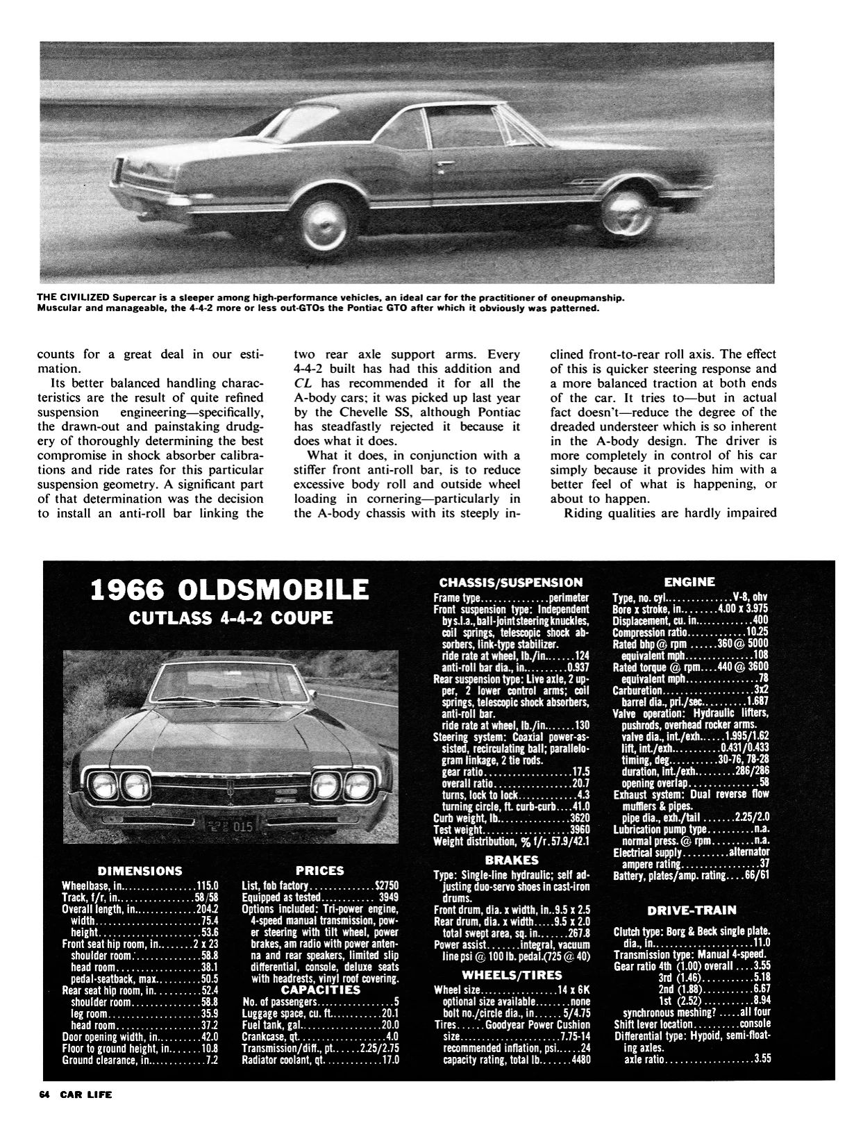 Car Life, August 1966, page 64, with a B&W right 3q view of the 4-4-2 test car on a race track above the main text and the first half of the data panel (headlined "1966 OLDSMOBILE CUTLASS 4-4-2 COUPE" and an inset front view of the car)