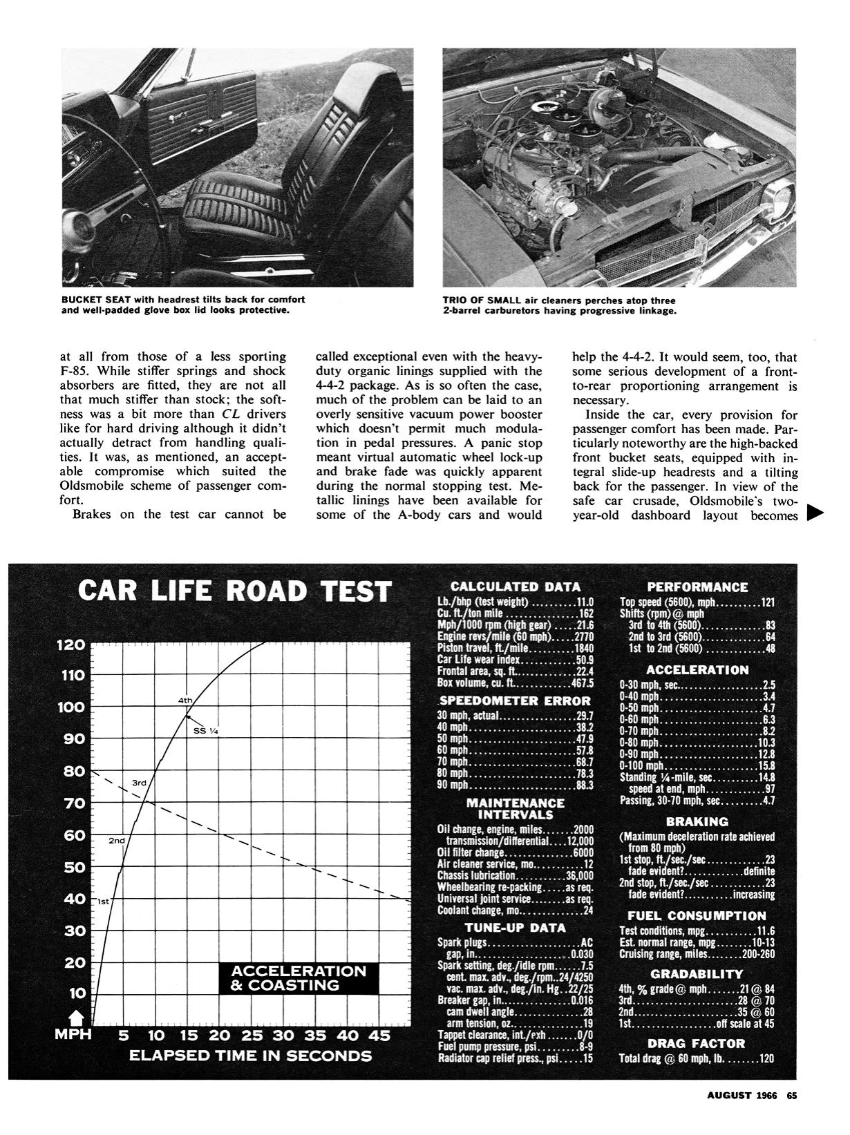 Car Life, August 1966, page 65, with B&W photos of the front bucket seats and the Tri-Power engine above the main text and the second half of the data panel below the text