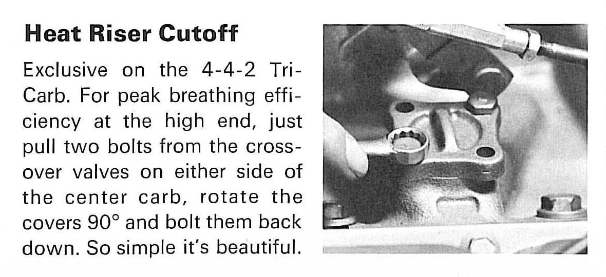 Brochure excerpt showing the heat riser cutoff on a 4-4-2 Tri-Carb engine, with text and an illustration explaining that the heat risers could be controlled by unbolting two valves and rotating their covers 90 degrees — "So simple it's beautiful"