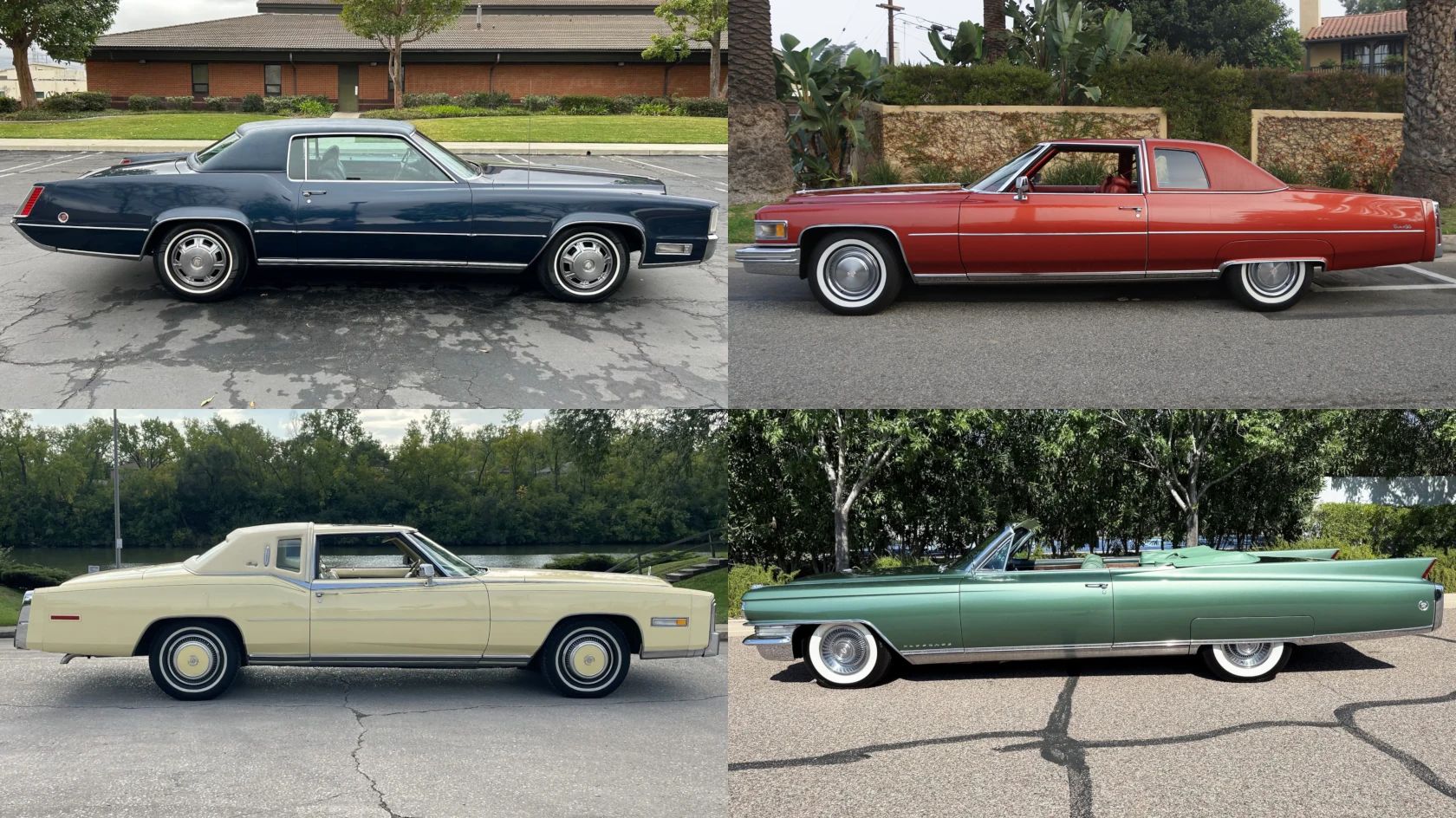 Color-Coordinated Cadillacs: Colorful Eldorados, De Villes, And Fleetwood Broughams 1 Composite photo showing side views of four Cadillacs in different colors: a dark blue 1968 Eldorado; a red 1975 Coupe de Ville; a yellow 1978 Eldorado Biarritz; and a green 1963 Eldorado Biarritz convertible