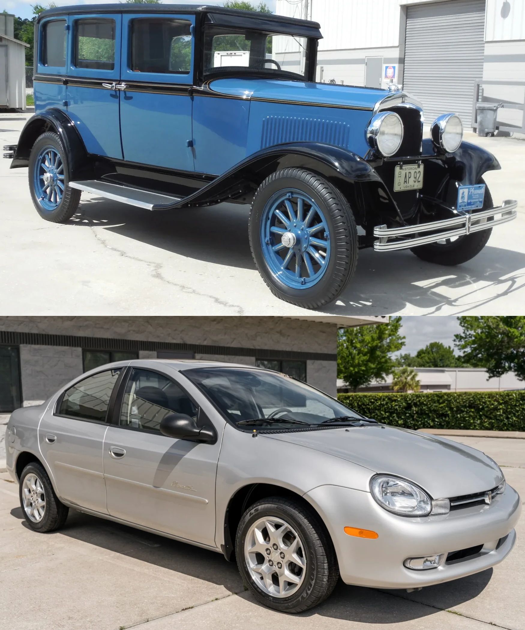 First And Last Plymouths: 1928 Plymouth Model Q and 2001 Plymouth Neon LX 1 Composite photo of a blue 1928 Plymouth Model Q four-door sedan with blue-painted wooden wheels and a silver 2001 Plymouth Neon sedan with alloy wheels