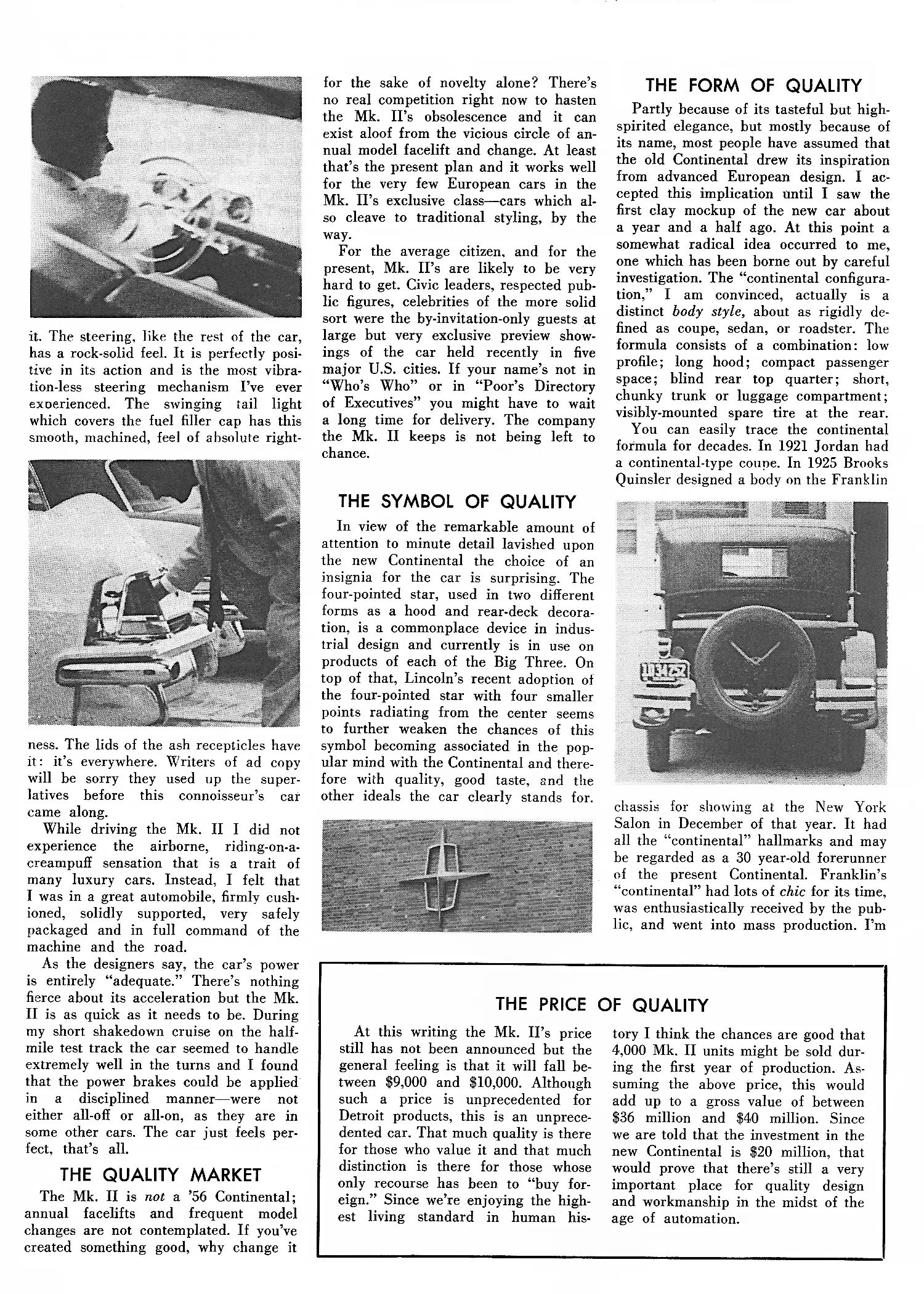 Motor Life, December 1955, fourth page of Continental Mark II intro, with photos of the car, the Continental emblem on the side of the factory, and a 1925 Franklin coupe interspersed throughout the text, and a sidebar headlined "The Price of Quality"