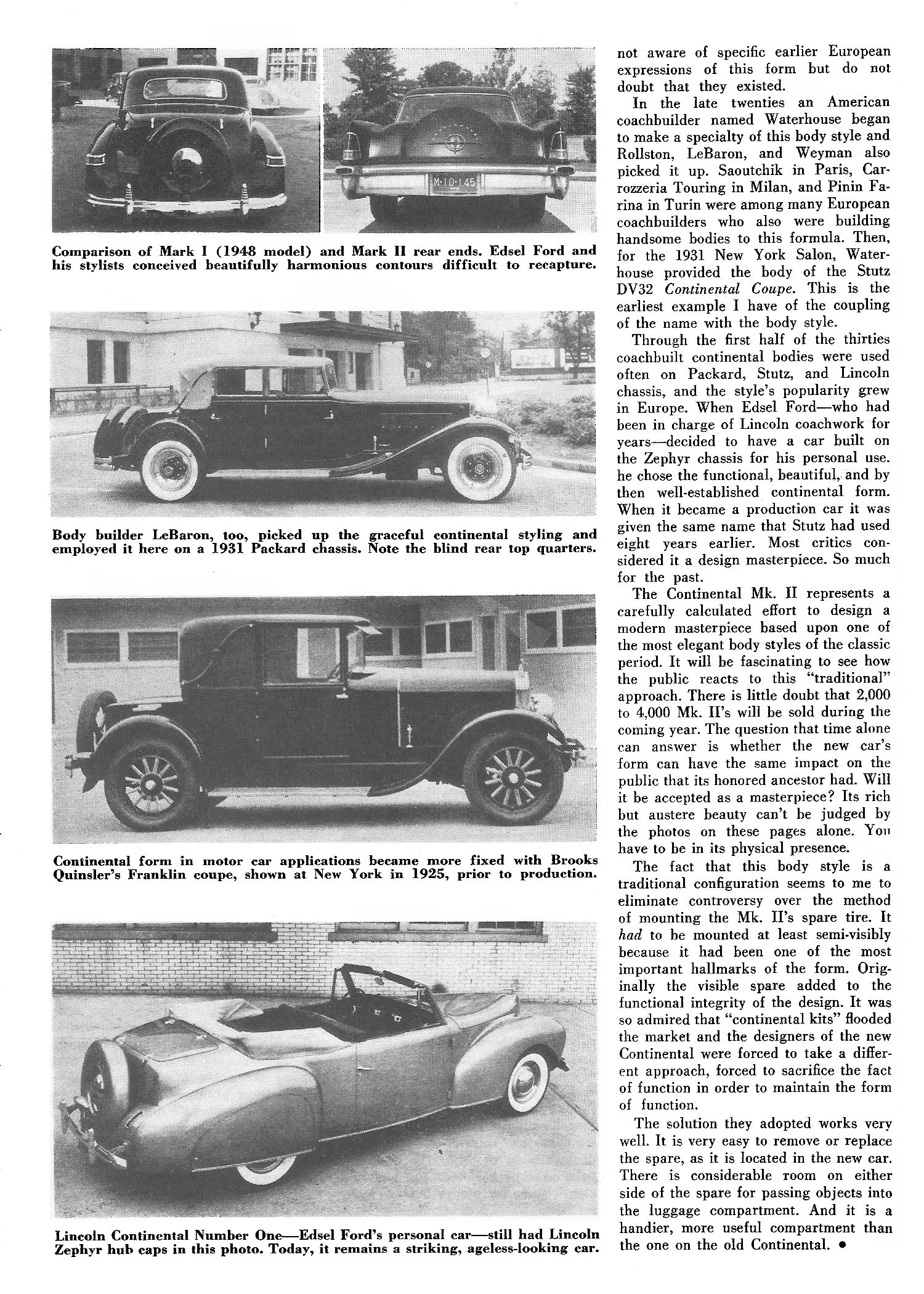 No, The Lincoln Continental Did Not Invent The Continental Kit: Griff Borgeson Makes The Case 21 Motor Life, December 1955, final page of Continental Mark II intro, with photos in the left column of the 1948 Continental and 1956 Continental Mark II from the rear, a LeBaron 1931 Packard Continental, a Brooks Quinsler 1925 Franklin coupe, and Edsel Ford's personal Lincoln Continental