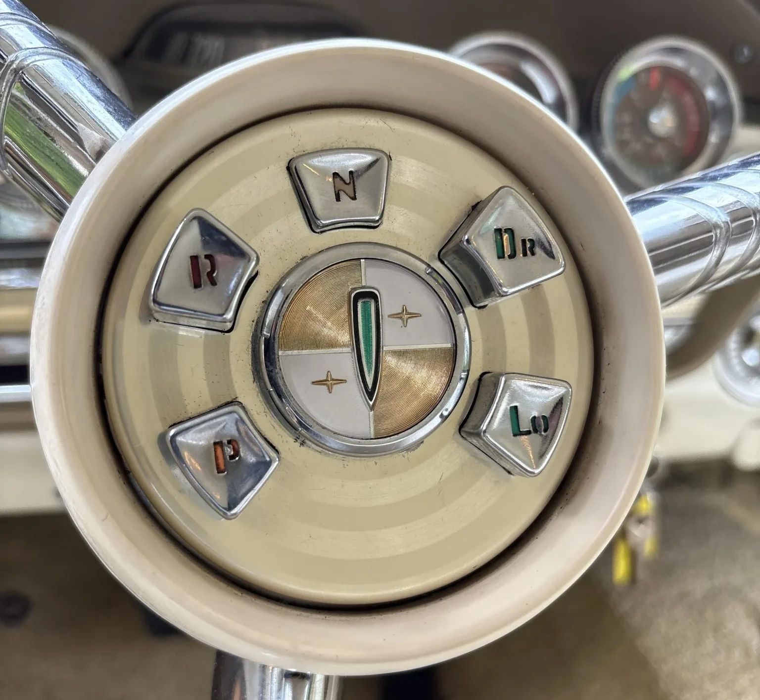 From Chrome To Clear Plastic: Bold Steering Wheels Of The 1950s & 1960s 24 Pushbutton transmission controls on the steering wheel hub of a 1958 Edsel Citation