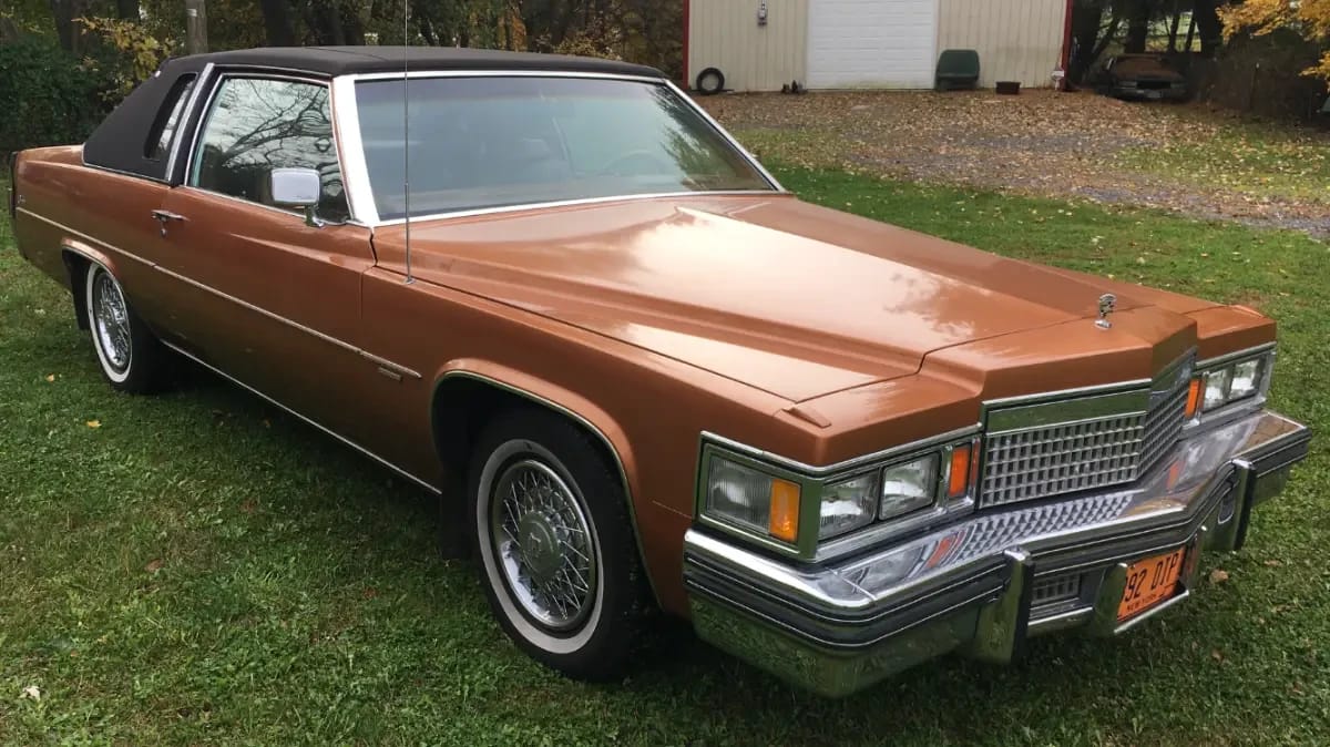1985 Cadillac De Ville 4.3 V-6 Diesel: The Most Underpowered Cadillac Since Before WW2 4 Right front 3q view of a brown 1979 Cadillac Coupe de Ville with a full vinyl top