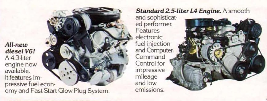 1985 Cadillac De Ville 4.3 V-6 Diesel: The Most Underpowered Cadillac Since Before WW2 10 Brochure excerpt showing the all-new diesel V6 (with "Fast-Start Glow Plug System) next to the standard 2.5-liter L4 engine