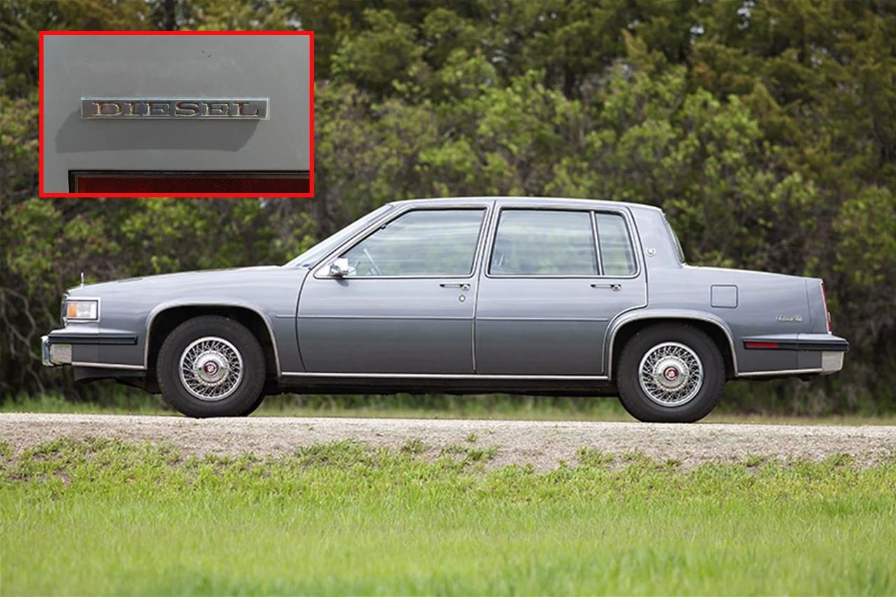 1985 Cadillac De Ville 4.3 V-6 Diesel: The Most Underpowered Cadillac Since Before WW2 1 Left side view of a Grayfern 1985 Cadillac Sedan de Ville with a red-bordered inset of a "DIESEL" decklid badge from a similar 1985 Cadillac