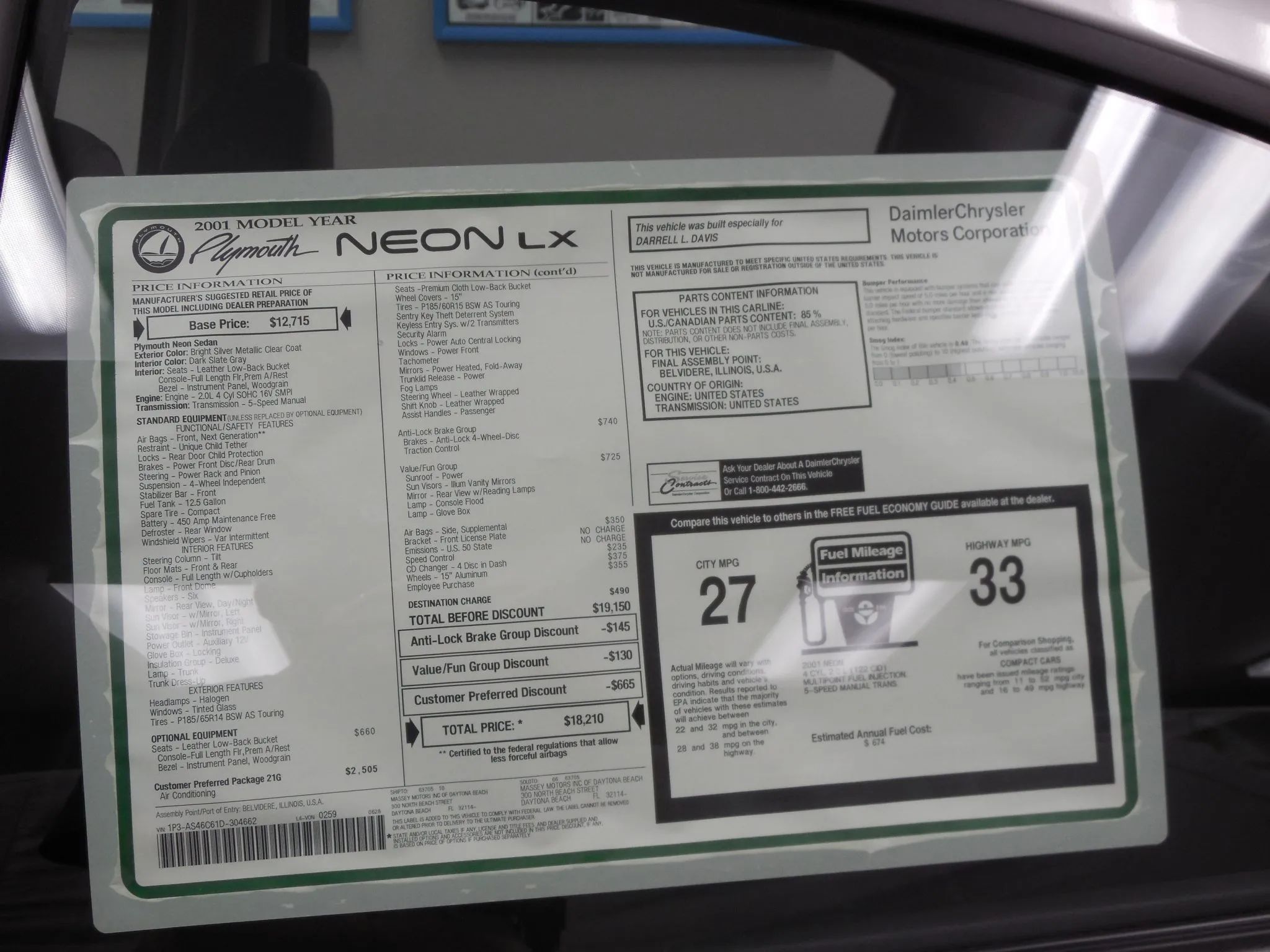 First And Last Plymouths: 1928 Plymouth Model Q and 2001 Plymouth Neon LX 17 Window sticker of a 2001 Plymouth Neon LX