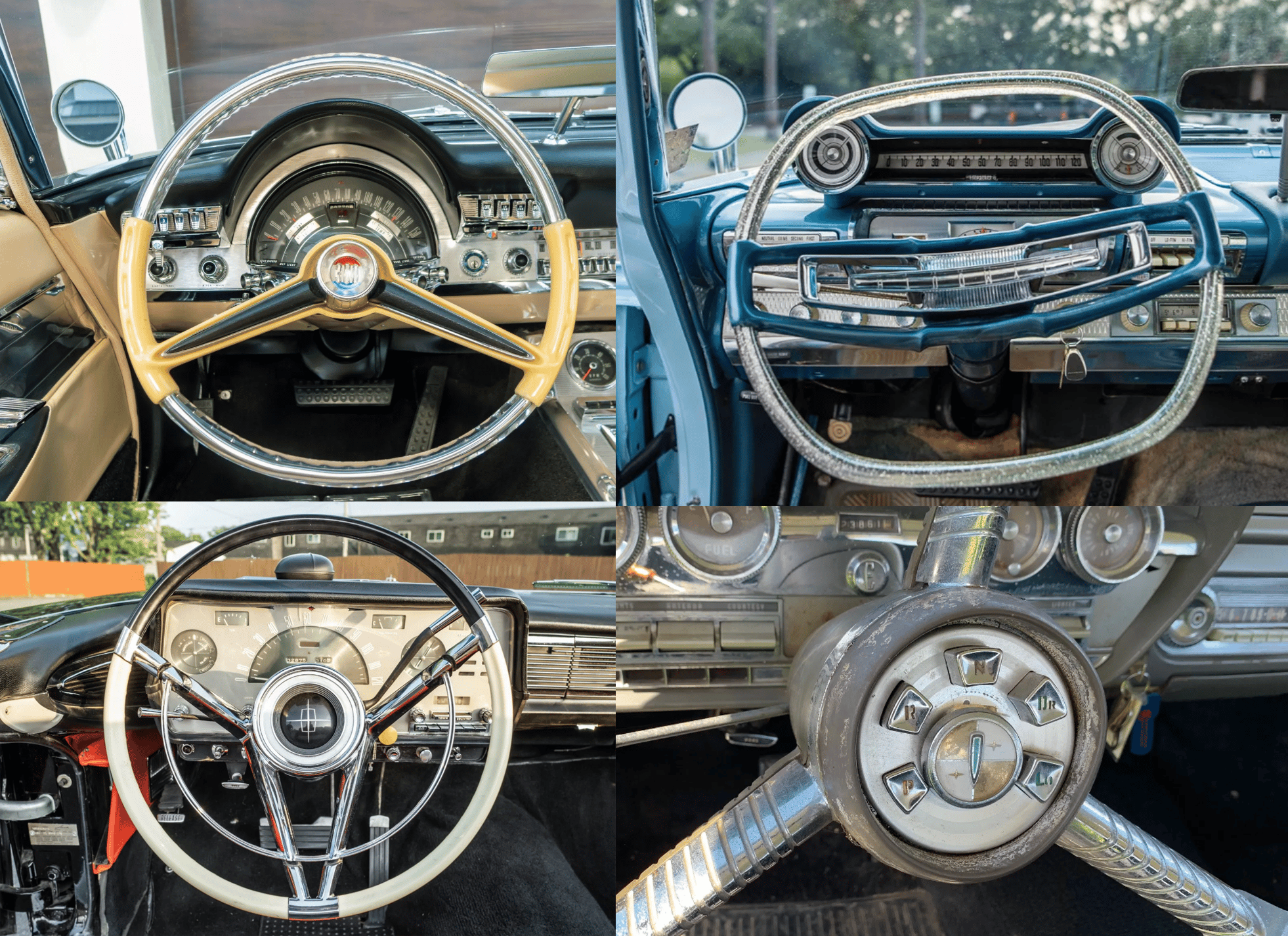 From Chrome To Clear Plastic: Bold Steering Wheels Of The 1950s & 1960s 1 A collage of four distinctive steering wheels: a 1960 Chrysler 300F, a 1960 Plymouth Fury, a 1958 Continental Mark III, and a 1958 Edsel