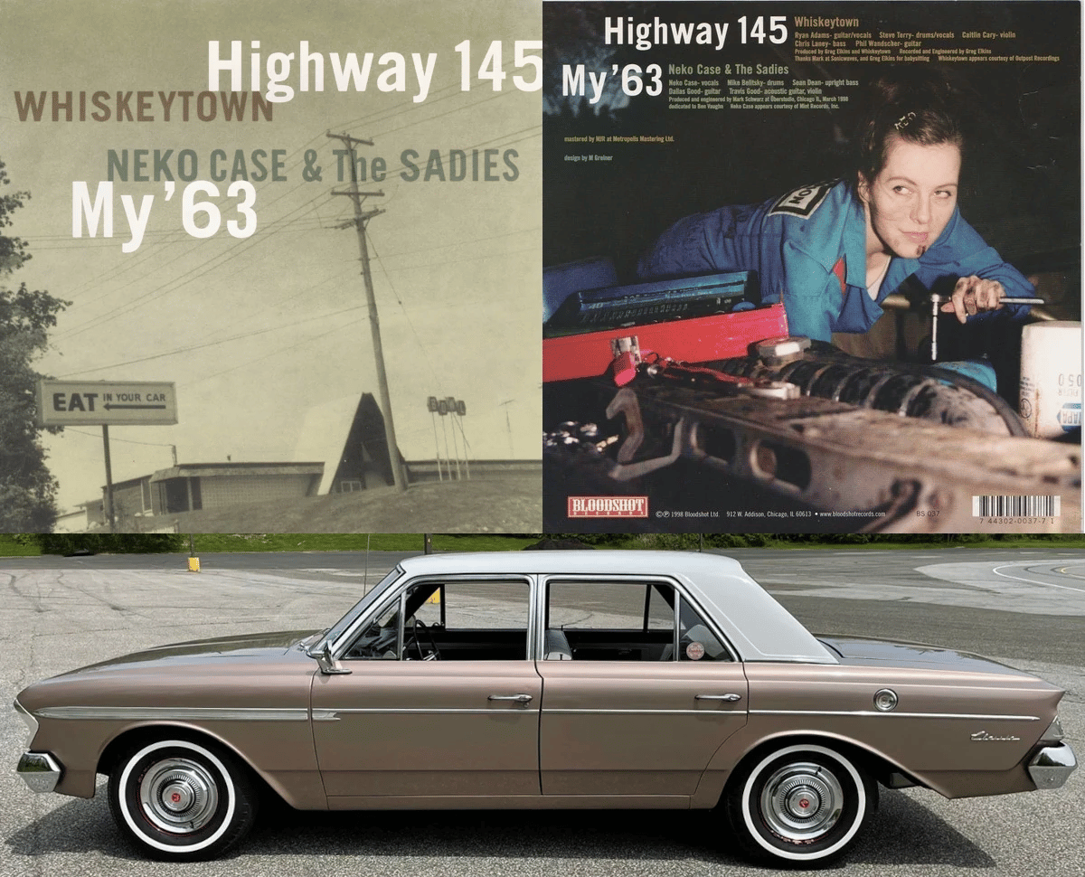 Composite image of the front and back sleeve art of "Car Songs" by Whiskeytown and Neko Case and the Sadies (with a photo of Neko Case working on the engine of a 1963 Rambler) above a side view of a Calais Coral 1963 Rambler Classic 660 four-door sedan with a white roof