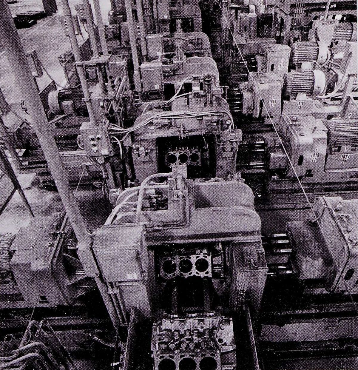 1985 Cadillac De Ville 4.3 V-6 Diesel: The Most Underpowered Cadillac Since Before WW2 9 B&W photo of the engine production lines for the Oldsmobile diesel V-6