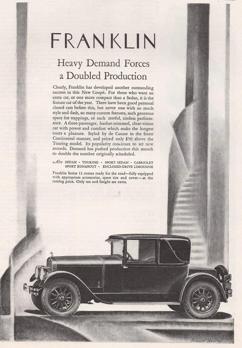 No, The Lincoln Continental Did Not Invent The Continental Kit: Griff Borgeson Makes The Case 19 1925 magazine ad for the the Franklin New Coupé, showing an illustration of a coupe with simulated landau irons and rear-mounted spare; the headline says "FRANKLIN: Heavy Demand Forces a Doubled Production"