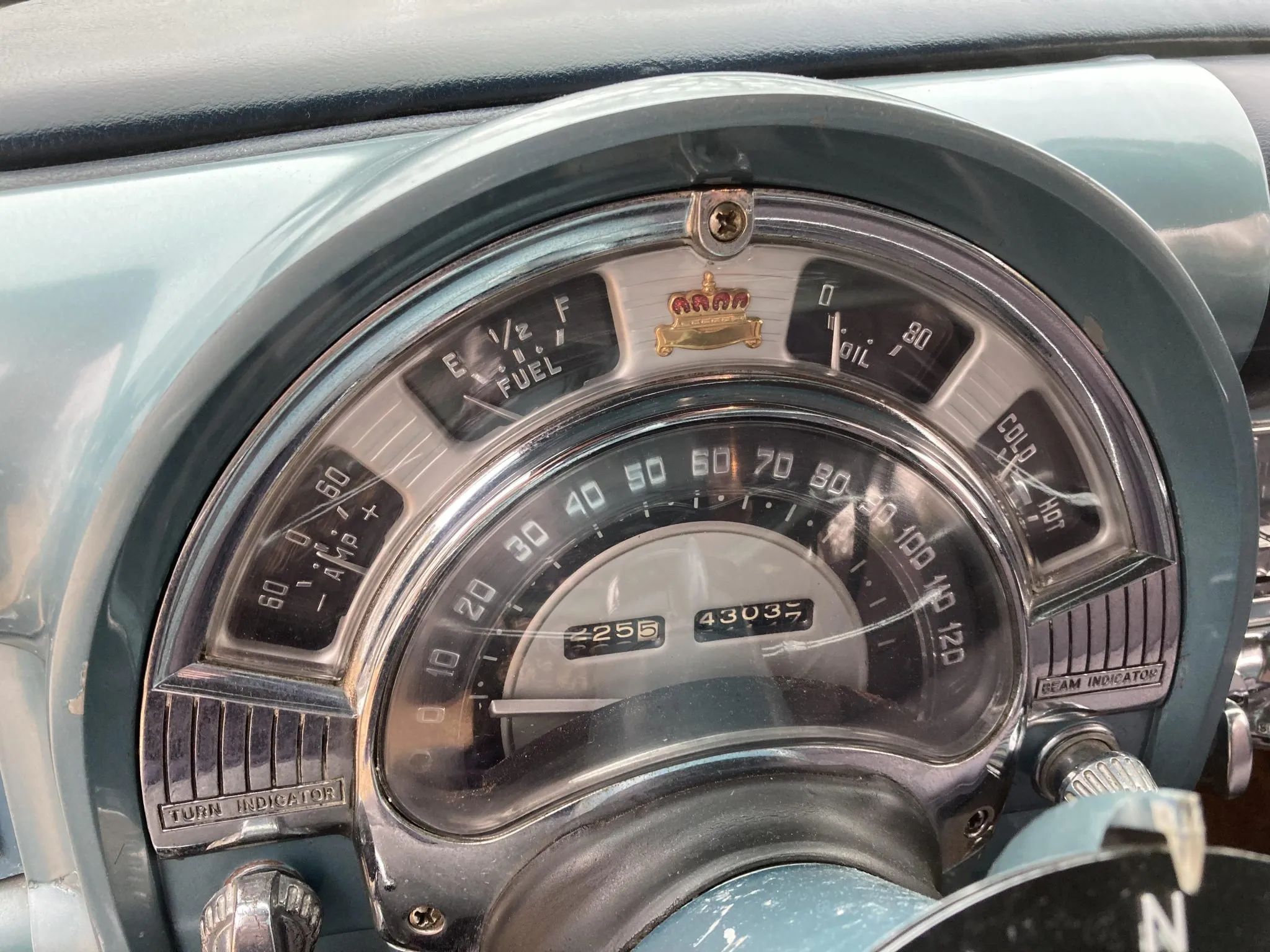 Close-up of the instrument panel in a 1953 Chrysler C-58 Custom Imperial with a light blue interior