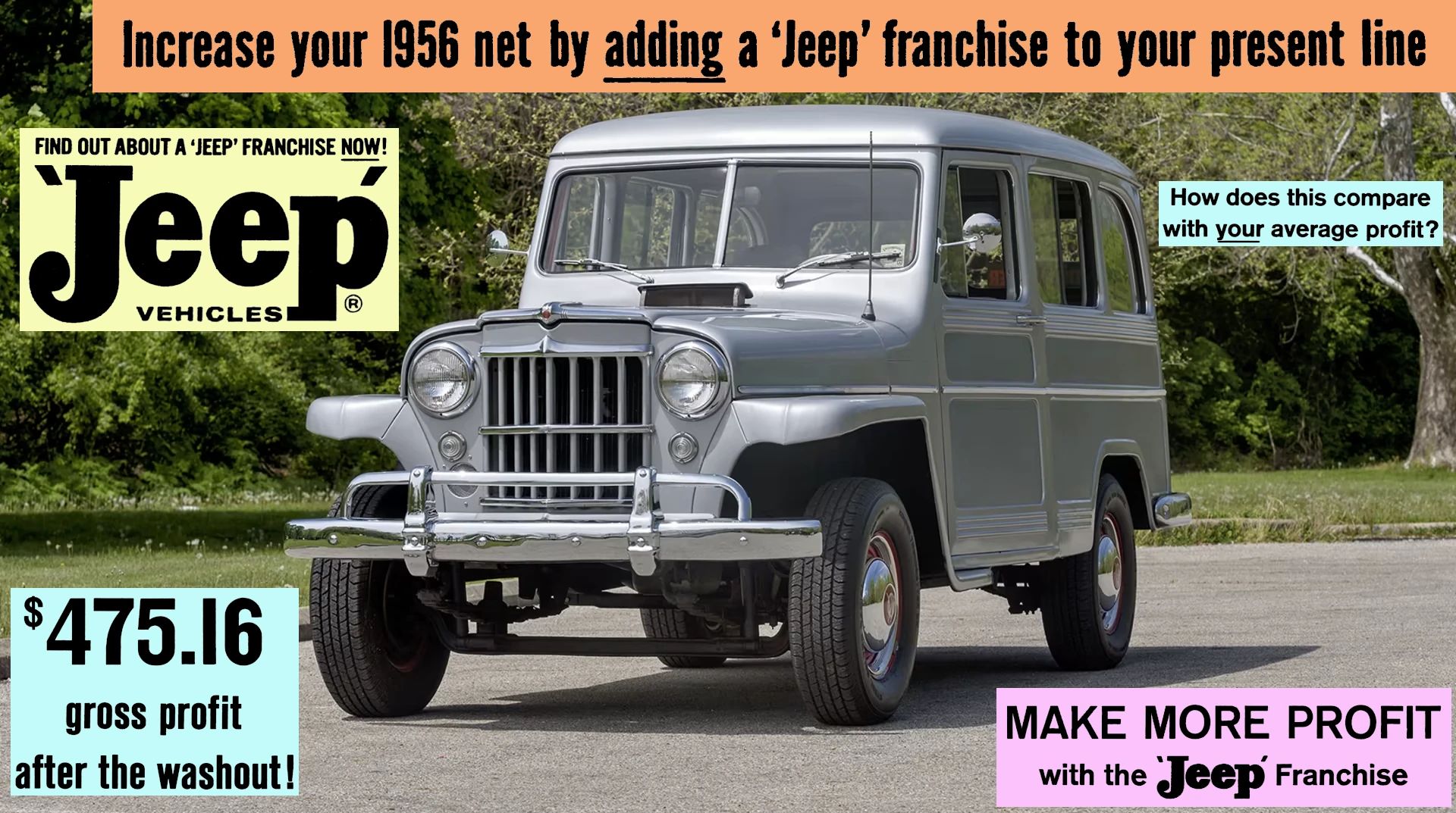 Vintage Ads: How Willys Jeep Tried To Lure Jeep Dealers In The 1950s And Early 1960s 1 Photo of a silver 1956 Jeep Utility Wagon overlaid with multicolored banners reading "Increase your 1956 net by adding a 'Jeep' franchise to your present line"; "Find out about a 'Jeep' franchise now! 'Jeep' Vehicles"; "How does this compare with your average profit?"; "$475.16 gross profit after the washout!"; and "Make More Profit with the 'Jeep' Franchise"